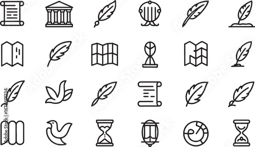 Vintage Icons of Scrolls, Feathers, Maps, and Birds history