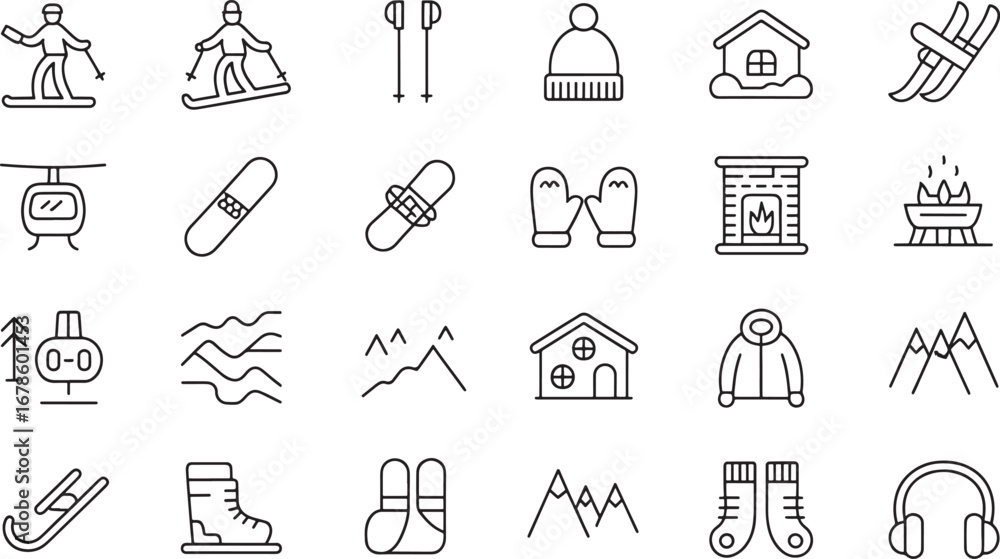 Obraz premium Winter Sports Skiing Snowboarding Cabin Fireplace and Clothing Icons ski poles winter hat