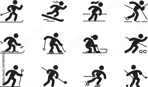 Winter sports icons depicting athletes in action skiing snowboarding
