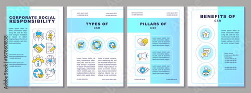 Corporate social responsibility blue brochure layout. Types, pillars and benefits of csr. Leaflet advertising design with color line icons. Editable 4 pages. Arial, Myriad Pro-Regular fonts used