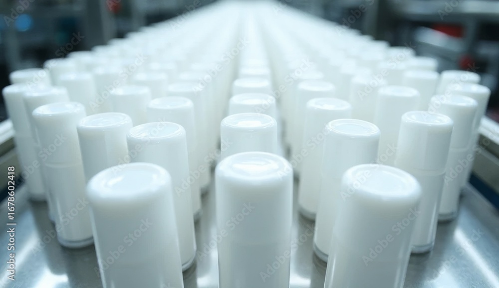 Fototapeta premium Overhead close-up of white plastic hand cream tubes with sealed caps, neatly aligned on a stainless steel conveyor, highlighting texture and reflections, ideal for cosmetics production and packaging