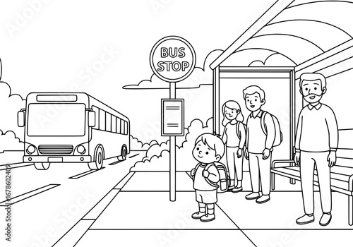 Family Waiting at Bus Stop Coloring