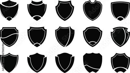 Collection of diverse black shield emblems, perfect for security and heraldry branding