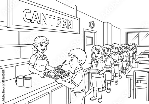 School Canteen Queue Coloring Page