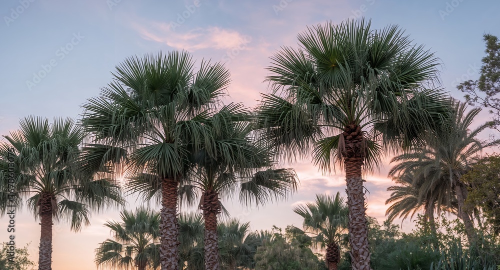 Fototapeta premium Palm Trees Against a Pastel Sky, A Tropical Paradise at Sunset, Vacation Dream.