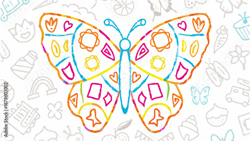Colorful butterfly with heart and flower patterns on wings surrounded by doodle art background design