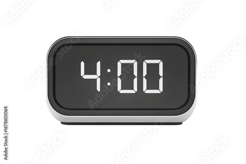 Close up of digital alarm clock displaying 4:00, photorealistic, on white background.