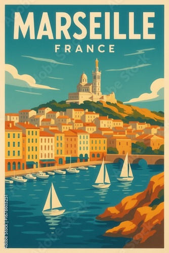 Vintage style illustration of Marseille France showing sailboats in the port colorful buildings along the waterfront and Notre-Dame de la Garde basilica above the city