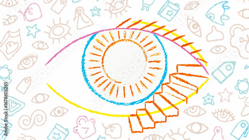 Colorful eye drawing with staircase inside and background of eye doodles and other shapes around it