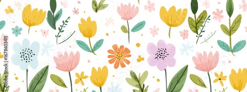 Colorful floral pattern with various flowers and leaves