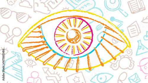 Colorful drawing of an eye with radiating lines and various doodles scattered in the background design element