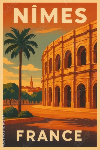 Vintage style illustration of Nîmes France with a Roman amphitheater large palm tree city plaza and a distant cathedral under a partly cloudy sky in warm afternoon light