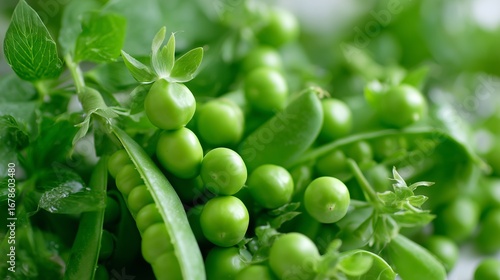 Fresh green peas and herbs arranged aesthetically in a bright kitchen setting during the day