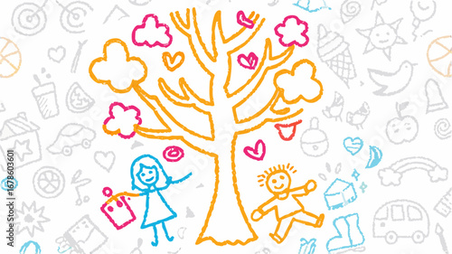 Illustration of a tree with hearts and clouds surrounded by children's drawings on a white background