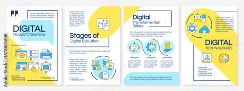 Stages of digital evolution blue and yellow brochure layout. Data management. Leaflet advertising design with color line icons. Editable 4 pages. Questrial, Lato-Regular fonts used