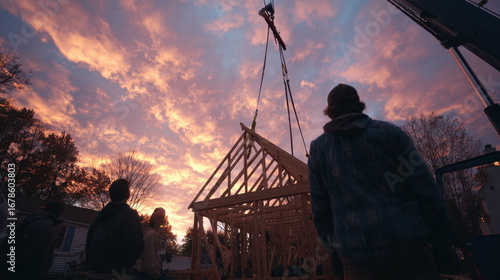 Fototapeta Naklejka Na Ścianę i Meble -  Timber frame structure being lifted into place at sunset with workers observing the construction process