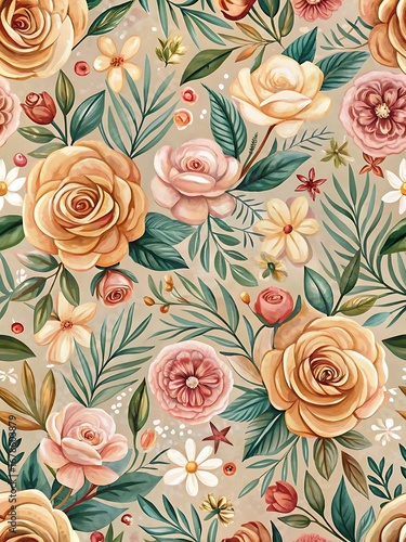 Floral pattern with yellow roses and green leaves