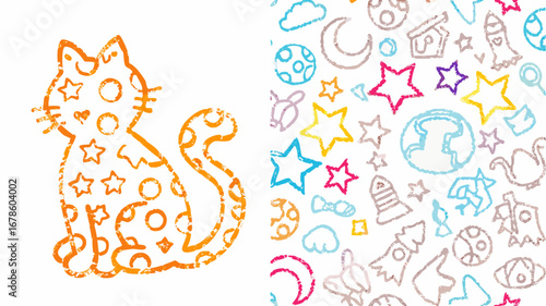 Illustration of a patterned cat with stars and circles next to space themed doodles on white background