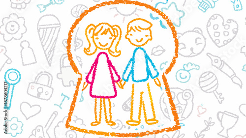 Couple holding hands seen through a keyhole surrounded by doodles in a childlike drawing style art