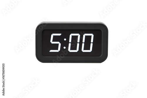 Digital alarm clock with glowing LED display showing 5:00, isolated on white background.