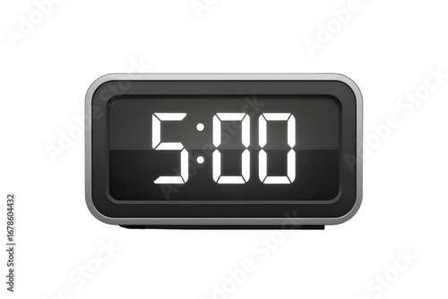 Digital alarm clock with glowing LED display showing 5:00, isolated on white background.