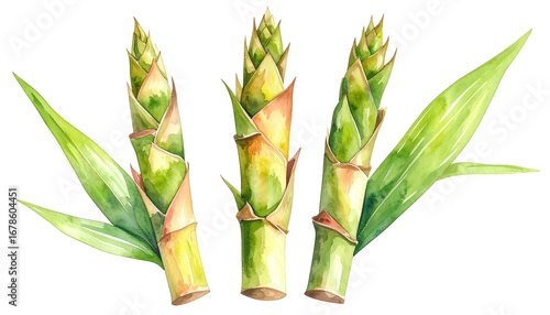 Watercolor bamboo shoots and leaves