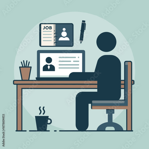 Job seeker working on laptop with resume at desk in office  