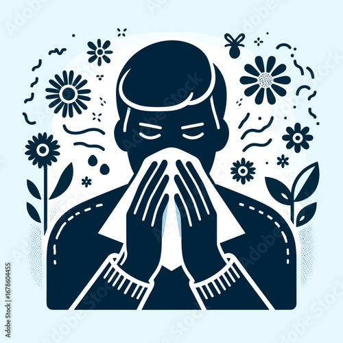 Man suffering from seasonal allergies surrounded by flowers and plants