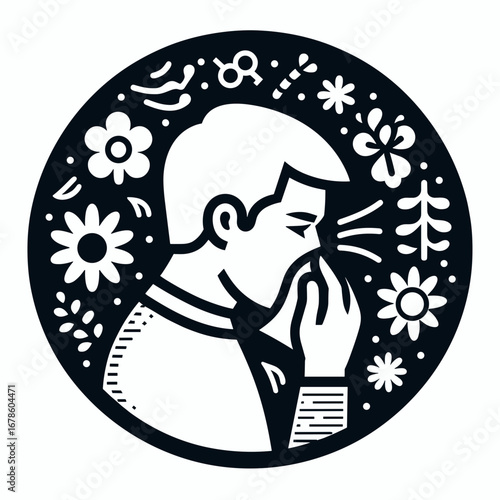 Man sneezing due to seasonal allergies surrounded by flowers and plants  