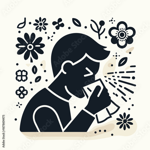 Man sneezing while holding tissue surrounded by flowers and plants  