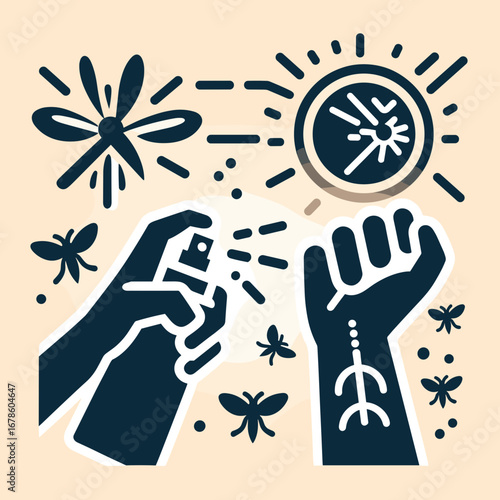 Mosquito repellent spray application with hand and insects illustration  