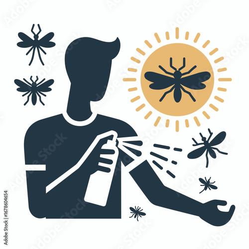 Man applying insect repellent to arm while surrounded by mosquitoes  