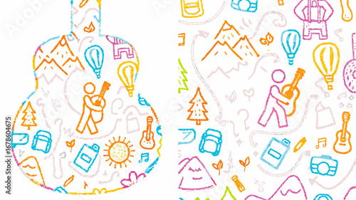 Guitar shaped doodle art with musician mountains balloons and camping gear in a colorful pattern design