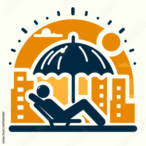Person relaxing under umbrella with city skyline in warm sunlight  
