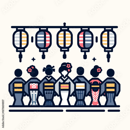 Group of women in kimonos celebrating Bon Odori festival with lanterns  