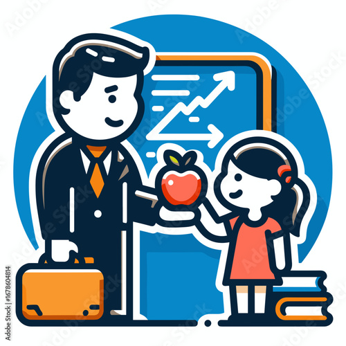 Businessman giving apple to girl in classroom illustration  