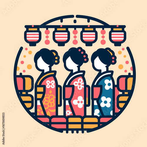 Three women in colorful kimonos at Bon Odori Festival with lanterns  