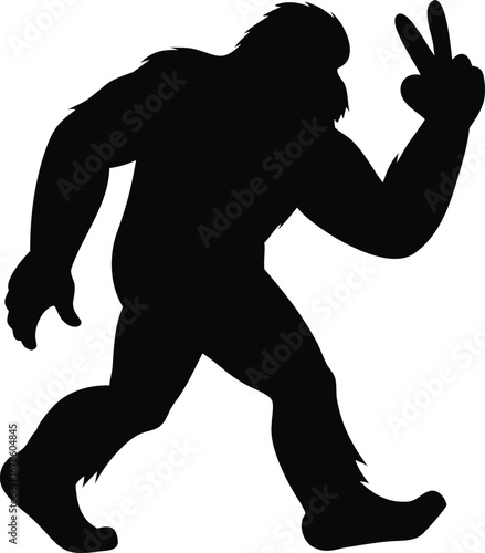 Bigfoot silhouette walking peace sign bigfoot sasquatch cryptid mythical creature mystery primate folklore legend hiker silhouette