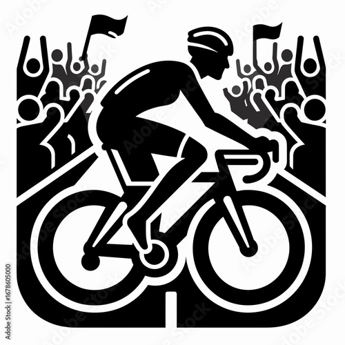 Cyclist racing on bike with cheering crowd in black and white graphic  