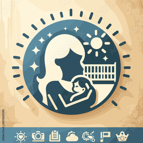 Mother holding baby under sun with stars and a fence background  