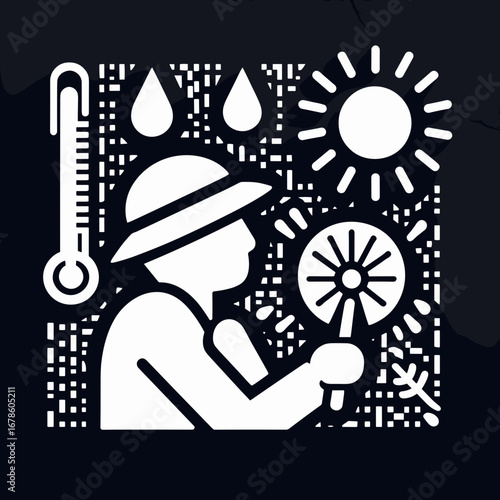Farmer monitoring weather conditions with thermometer and fan  