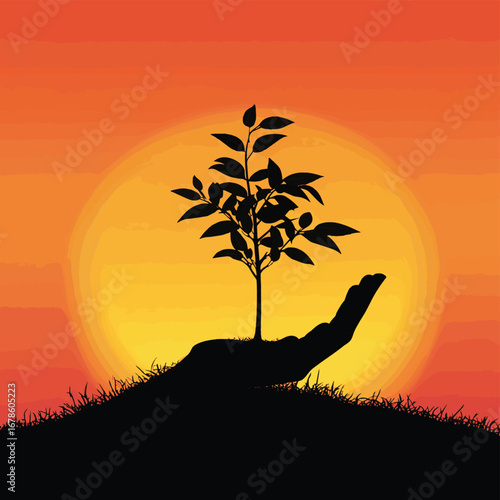 Silhouetted Hands Protecting a Young Tree at Sunset, vector style simple color