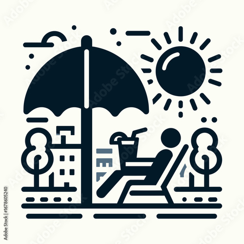 Person relaxing under umbrella with drink in sunny outdoor setting  