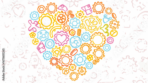 Heart shape formed with colorful gears and mechanical elements on a white patterned background design