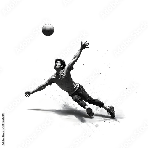 Soaring for Victory: A dynamic image of a soccer player in mid-air, reaching for the ball in a striking monochrome display of athleticism and competition.