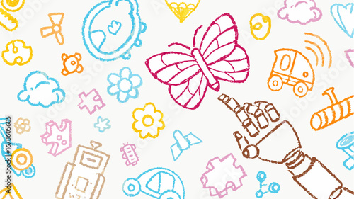 Assorted crayon drawings of a butterfly, robot arm, toys and other objects on a white textured background