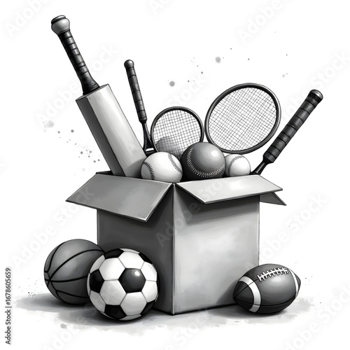 Sports Equipment in Box: A curated collection of diverse sports equipment, thoughtfully arranged in a sturdy box, ready for action. Illustrating the essence of play and athletic pursuit.