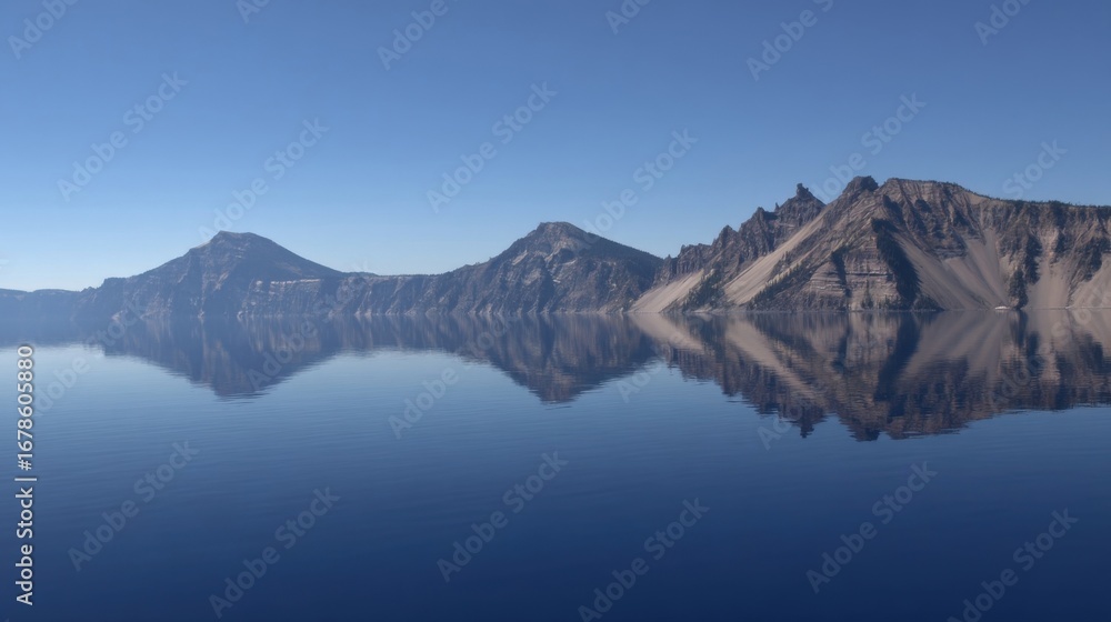Fototapeta premium A serene landscape featuring a large body of water surrounded by historic volcanic peaks in a high-altitude region,