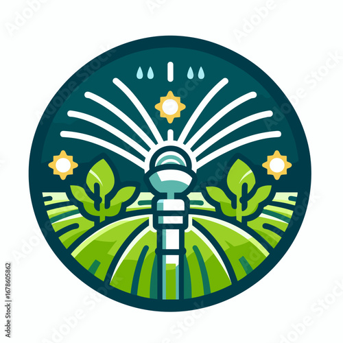 Irrigation system with sprinkler watering plants in circular design  