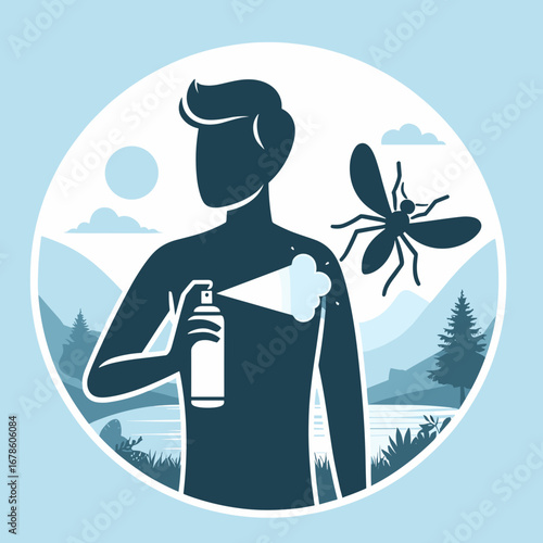 Man applying insect repellent spray while outdoors in nature  